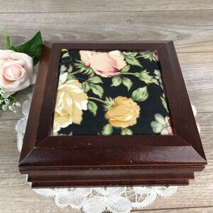 Vintage Jewellery Box, Black & Pink Flower Printed Fabric & Wood, Ring Storage